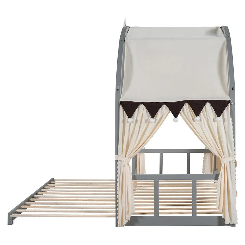 Gray Twin Bed with Arched Canopy and Trundle 14