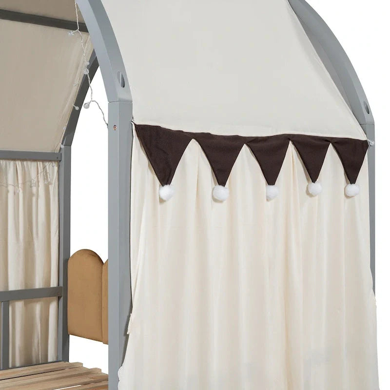 Gray Twin Bed with Arched Canopy and Trundle 15