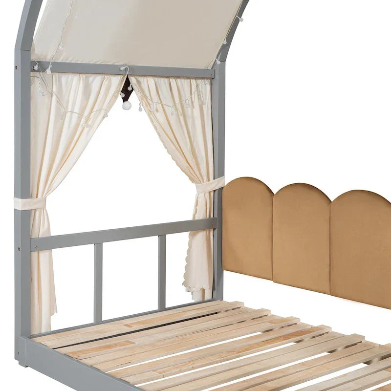 Gray Twin Bed with Arched Canopy and Trundle 18