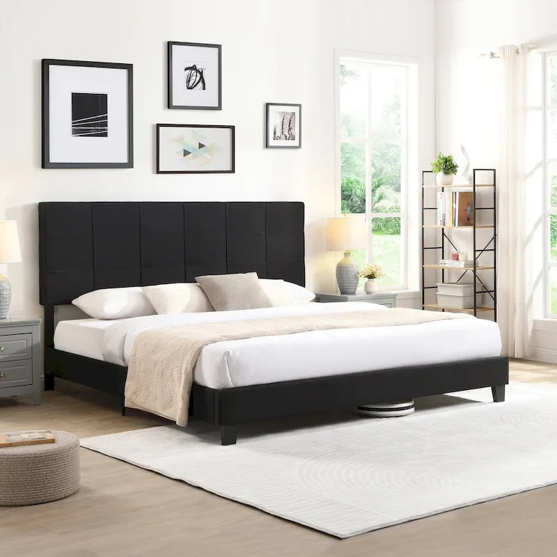 Tufted Headboard Black King Linen Bed 16