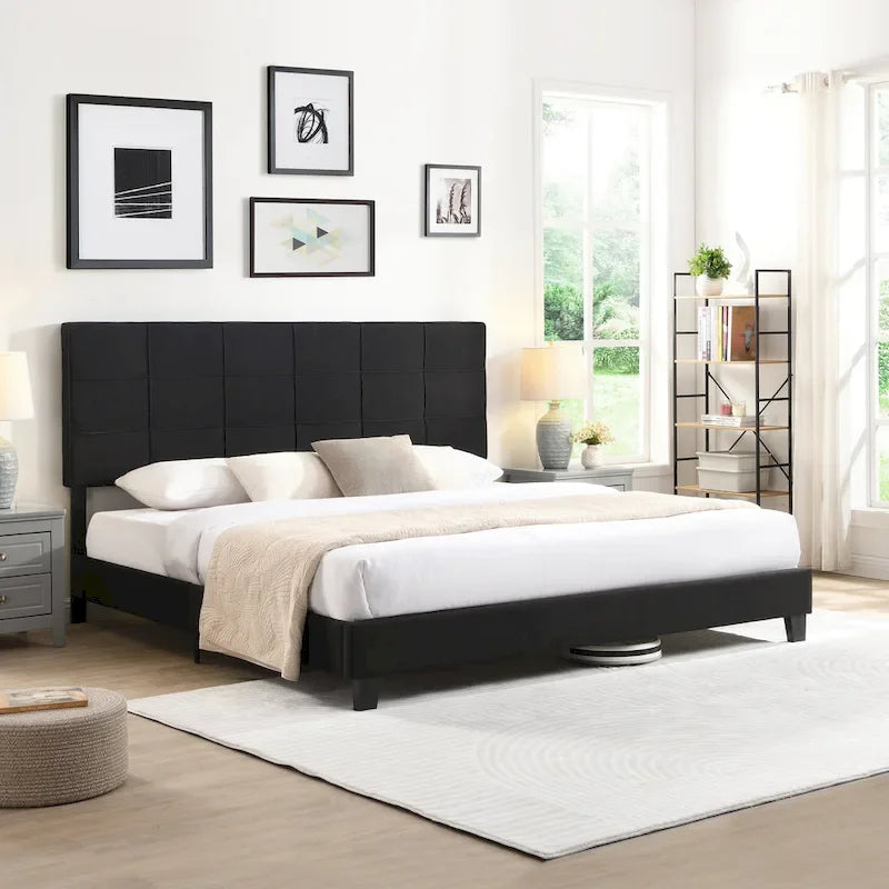 Tufted Headboard Black King Linen Bed 1