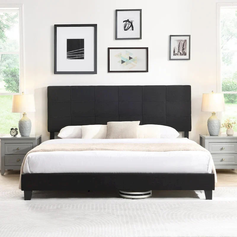 Tufted Headboard Black King Linen Bed 2