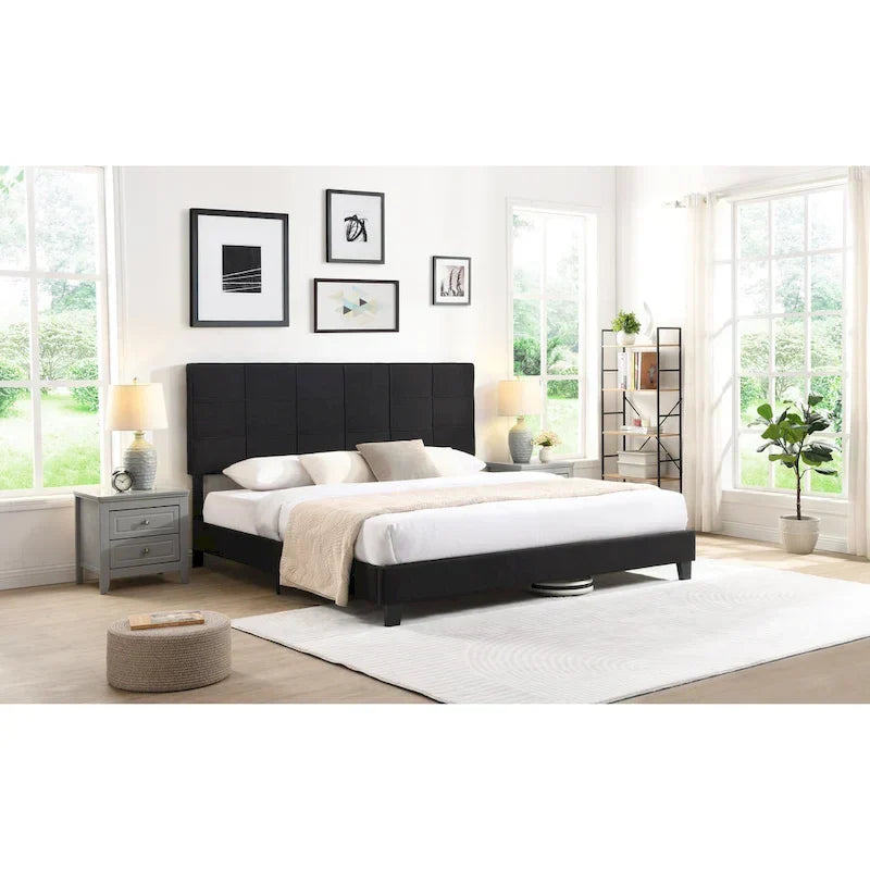 Tufted Headboard Black King Linen Bed 3