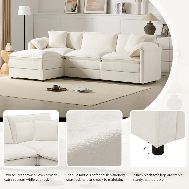 103.5" Chenille L-Shaped Sectional Sofa with 4 Seats, Ottoman, and Pocket Spring Cushions (330 lb Capacity) 6