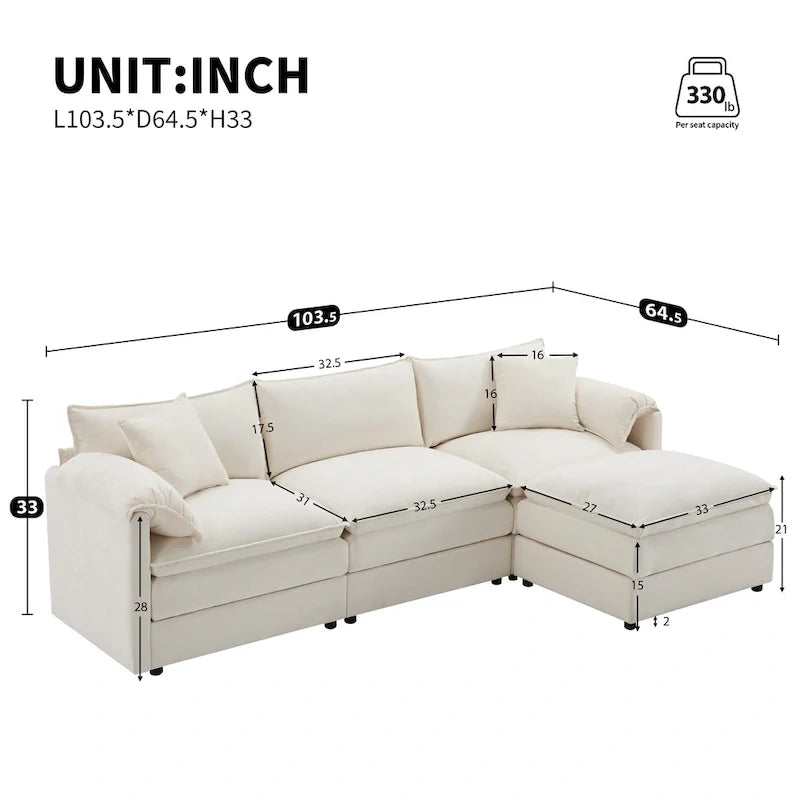 103.5" Chenille L-Shaped Sectional Sofa with 4 Seats, Ottoman, and Pocket Spring Cushions (330 lb Capacity) 11
