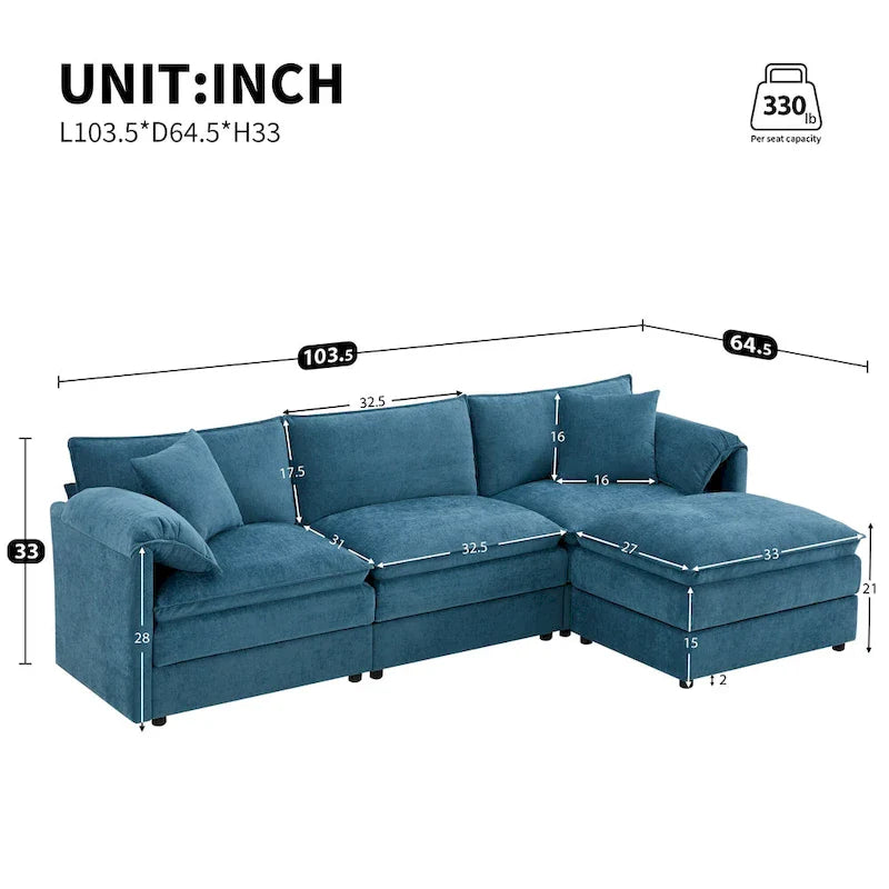 103.5" Chenille L-Shaped Sectional Sofa with 4 Seats, Ottoman, and Pocket Spring Cushions (330 lb Capacity) 22