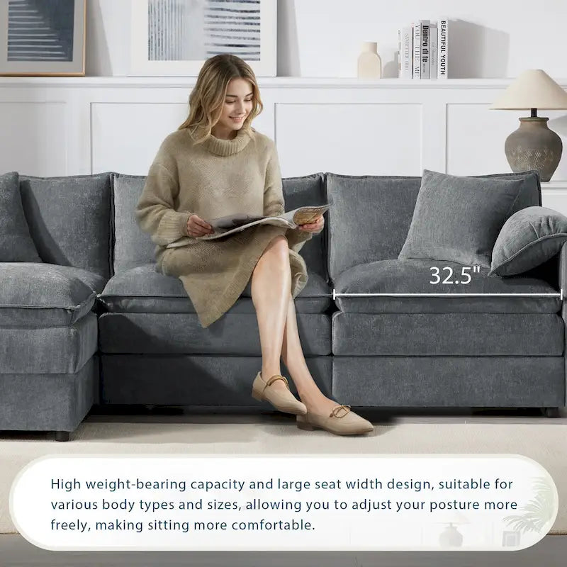 103.5" Chenille L-Shaped Sectional Sofa with 4 Seats, Ottoman, and Pocket Spring Cushions (330 lb Capacity) 25