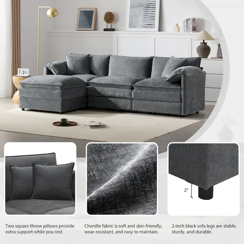 103.5" Chenille L-Shaped Sectional Sofa with 4 Seats, Ottoman, and Pocket Spring Cushions (330 lb Capacity) 28