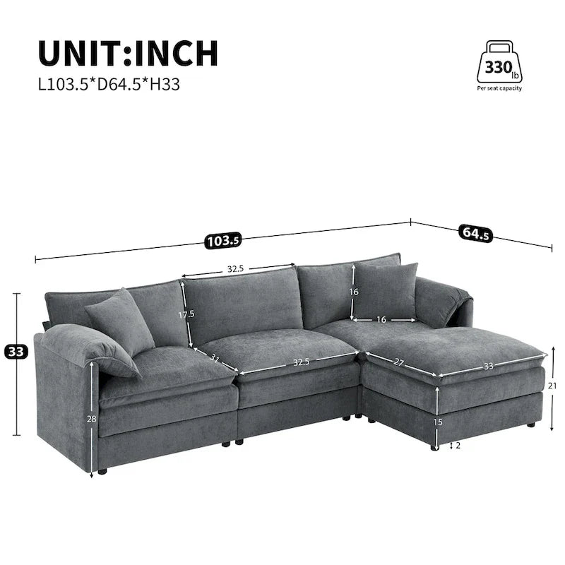 103.5" Chenille L-Shaped Sectional Sofa with 4 Seats, Ottoman, and Pocket Spring Cushions (330 lb Capacity) 33