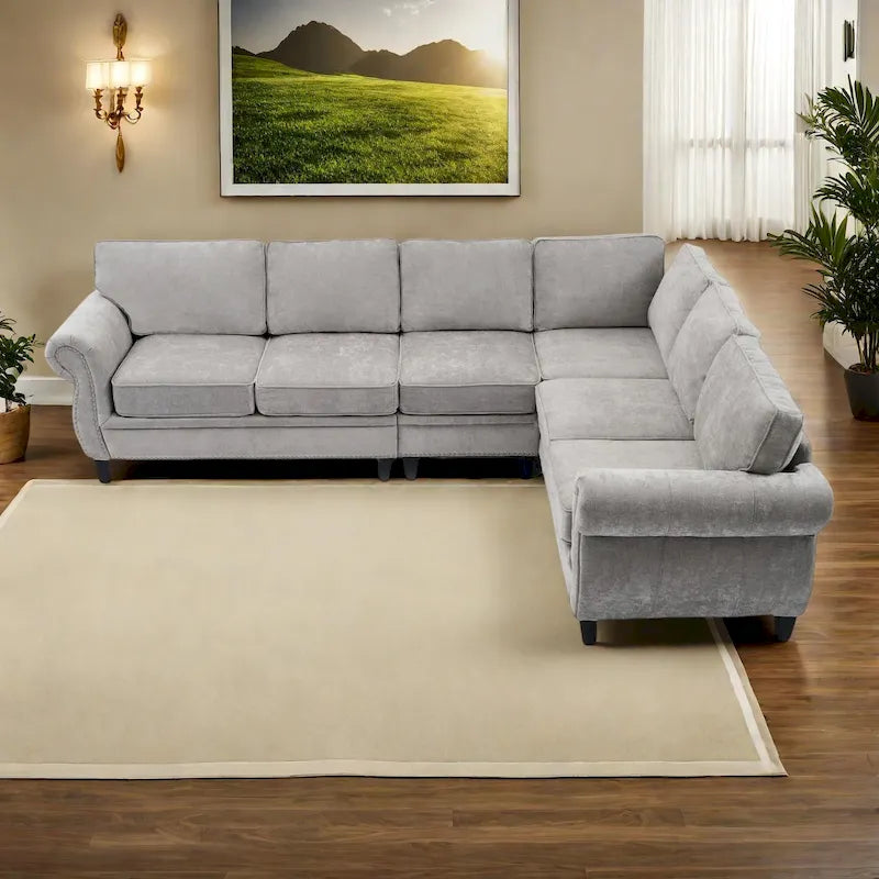 109.5-Inch Chenille L-Shaped Sectional Sofa for 6 with Rivet-Embellished Rolled Armrests, Cushions, and Sturdy Wood Frame 34