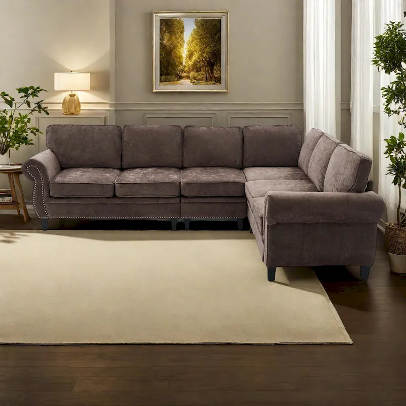 109.5-Inch Chenille L-Shaped Sectional Sofa for 6 with Rivet-Embellished Rolled Armrests, Cushions, and Sturdy Wood Frame 35