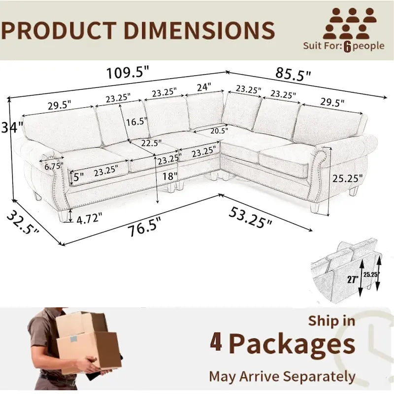 109.5-Inch Chenille L-Shaped Sectional Sofa for 6 with Rivet-Embellished Rolled Armrests, Cushions, and Sturdy Wood Frame 12