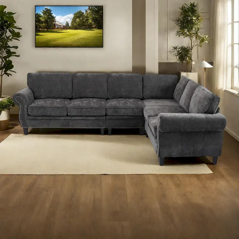 109.5-Inch Chenille L-Shaped Sectional Sofa for 6 with Rivet-Embellished Rolled Armrests, Cushions, and Sturdy Wood Frame 13