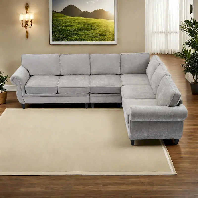 109.5-Inch Chenille L-Shaped Sectional Sofa for 6 with Rivet-Embellished Rolled Armrests, Cushions, and Sturdy Wood Frame 22