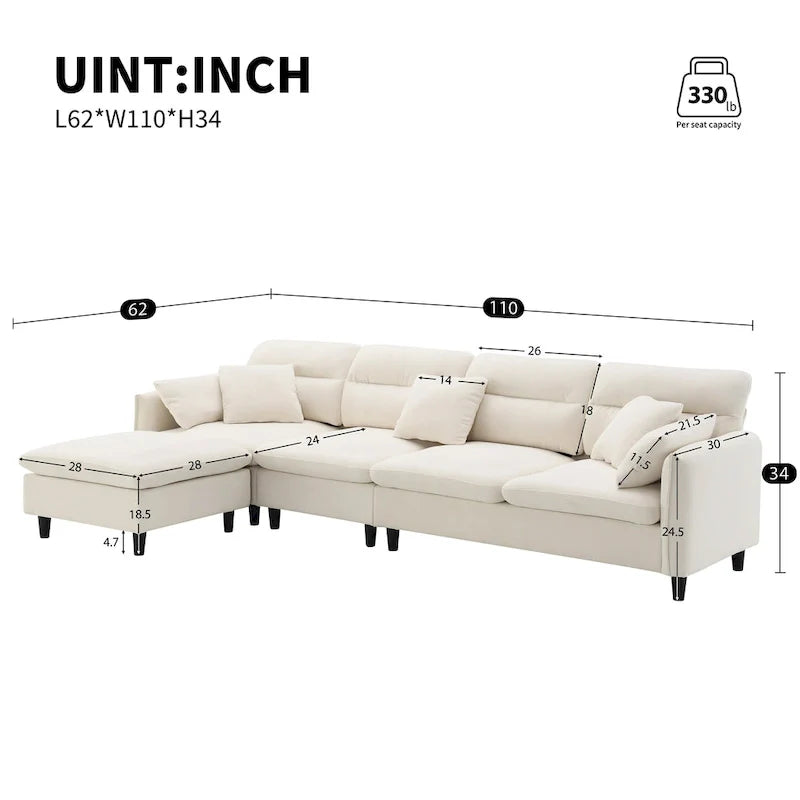 110-Inch L-Shaped 5-Seater Sectional Sofa with Removable Ottoman, Cloud Chenille Fabric, and 5 Cushions 2