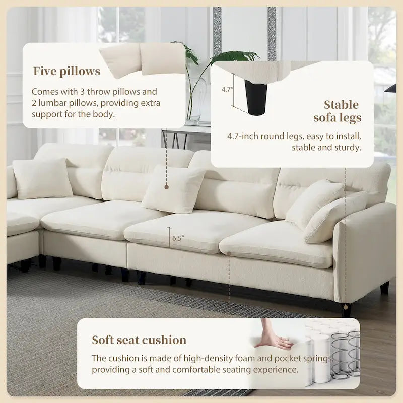 110-Inch L-Shaped 5-Seater Sectional Sofa with Removable Ottoman, Cloud Chenille Fabric, and 5 Cushions 6