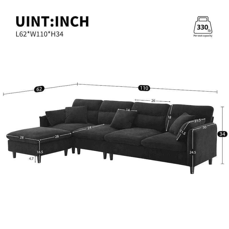 110-Inch L-Shaped 5-Seater Sectional Sofa with Removable Ottoman, Cloud Chenille Fabric, and 5 Cushions 22