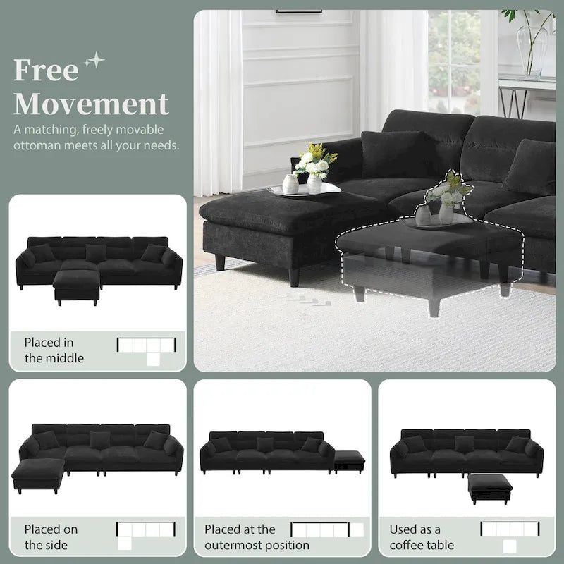 110-Inch L-Shaped 5-Seater Sectional Sofa with Removable Ottoman, Cloud Chenille Fabric, and 5 Cushions 24