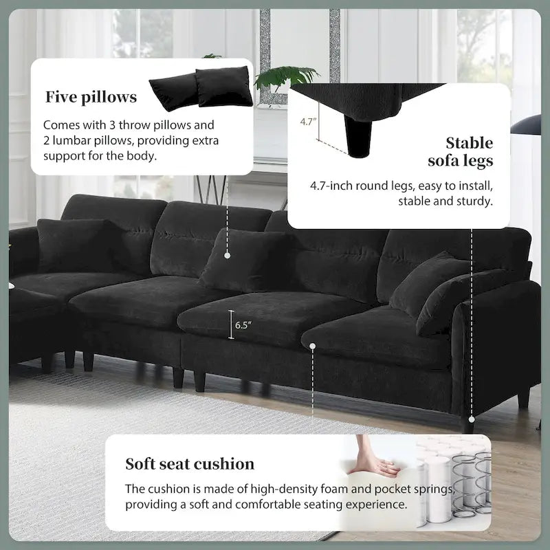 110-Inch L-Shaped 5-Seater Sectional Sofa with Removable Ottoman, Cloud Chenille Fabric, and 5 Cushions 26