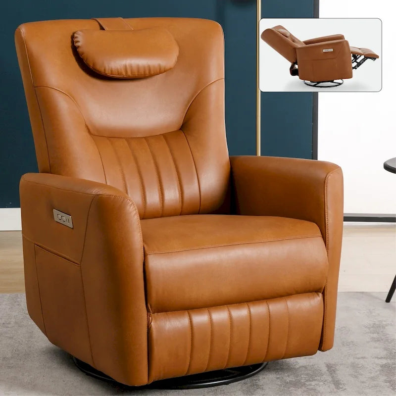 Beige Power Recliner Chair with 270° Swivel, Rocking Function, Lumbar & Neck Support Pillow, USB and Type-C Charging Ports 35