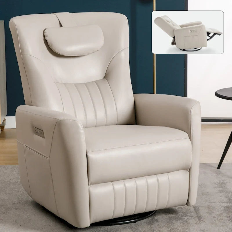 Beige Power Recliner Chair with 270° Swivel, Rocking Function, Lumbar & Neck Support Pillow, USB and Type-C Charging Ports 36