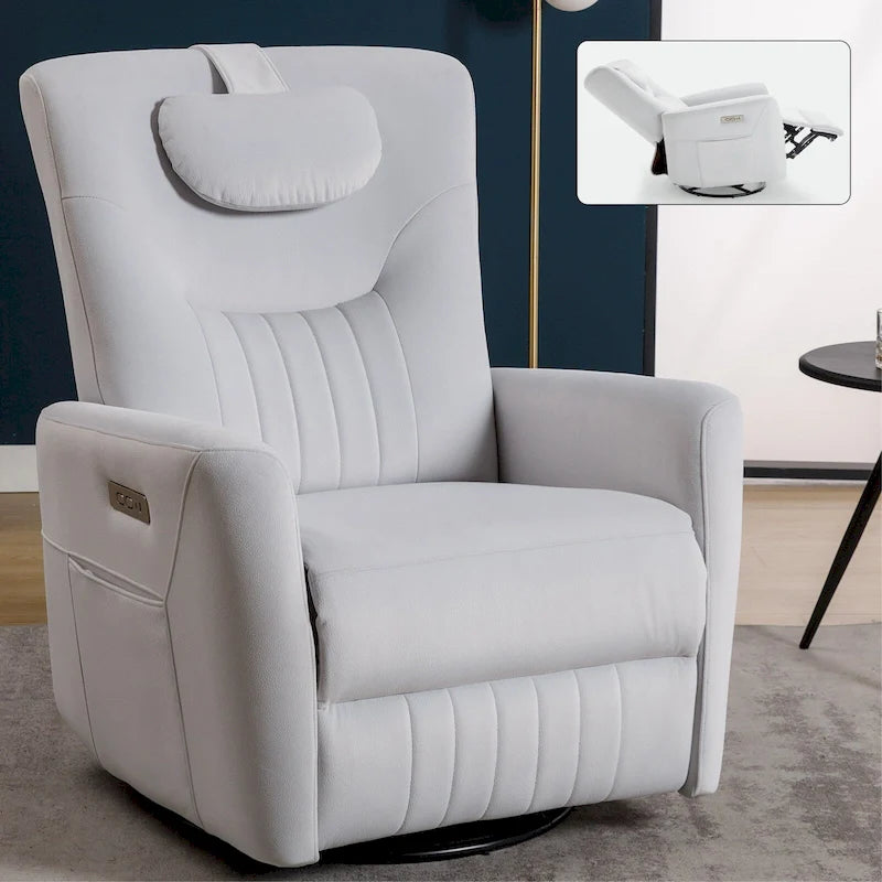 Beige Power Recliner Chair with 270° Swivel, Rocking Function, Lumbar & Neck Support Pillow, USB and Type-C Charging Ports 37
