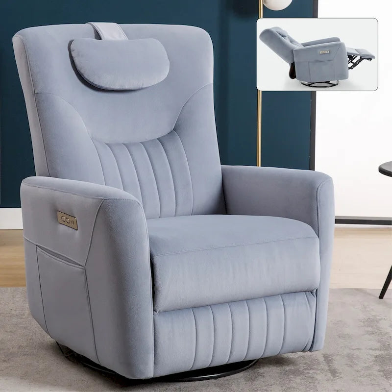 Beige Power Recliner Chair with 270° Swivel, Rocking Function, Lumbar & Neck Support Pillow, USB and Type-C Charging Ports 38