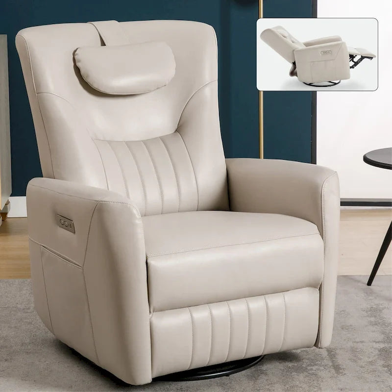Beige Power Recliner Chair with 270° Swivel, Rocking Function, Lumbar & Neck Support Pillow, USB and Type-C Charging Ports 1
