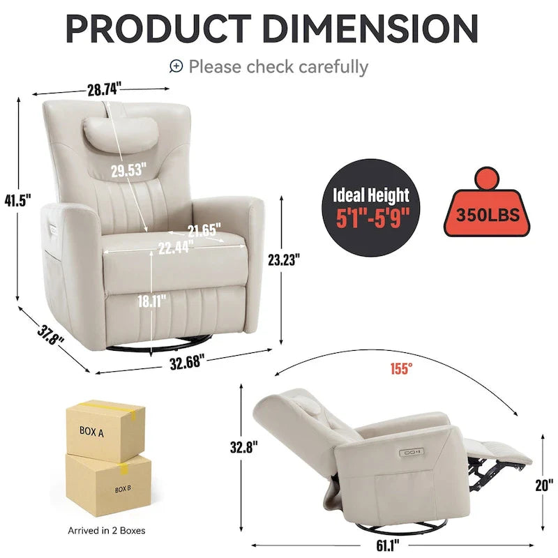 Beige Power Recliner Chair with 270° Swivel, Rocking Function, Lumbar & Neck Support Pillow, USB and Type-C Charging Ports 4
