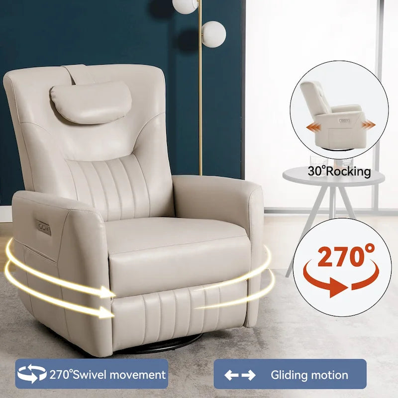 Beige Power Recliner Chair with 270° Swivel, Rocking Function, Lumbar & Neck Support Pillow, USB and Type-C Charging Ports 11