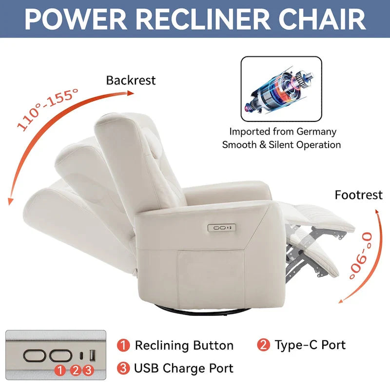 Beige Power Recliner Chair with 270° Swivel, Rocking Function, Lumbar & Neck Support Pillow, USB and Type-C Charging Ports 12