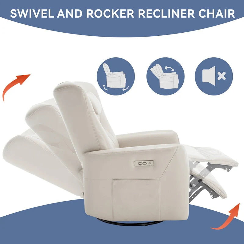 Beige Power Recliner Chair with 270° Swivel, Rocking Function, Lumbar & Neck Support Pillow, USB and Type-C Charging Ports 13