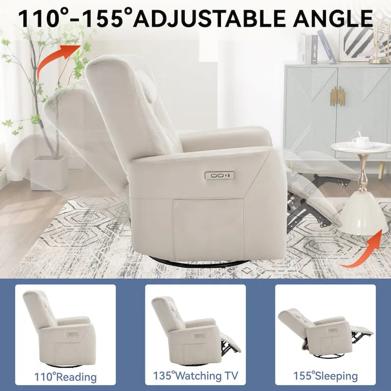 Beige Power Recliner Chair with 270° Swivel, Rocking Function, Lumbar & Neck Support Pillow, USB and Type-C Charging Ports 14