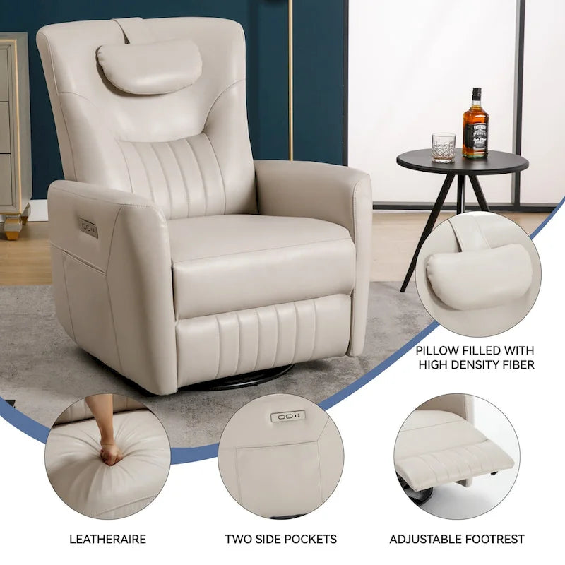 Beige Power Recliner Chair with 270° Swivel, Rocking Function, Lumbar & Neck Support Pillow, USB and Type-C Charging Ports 15