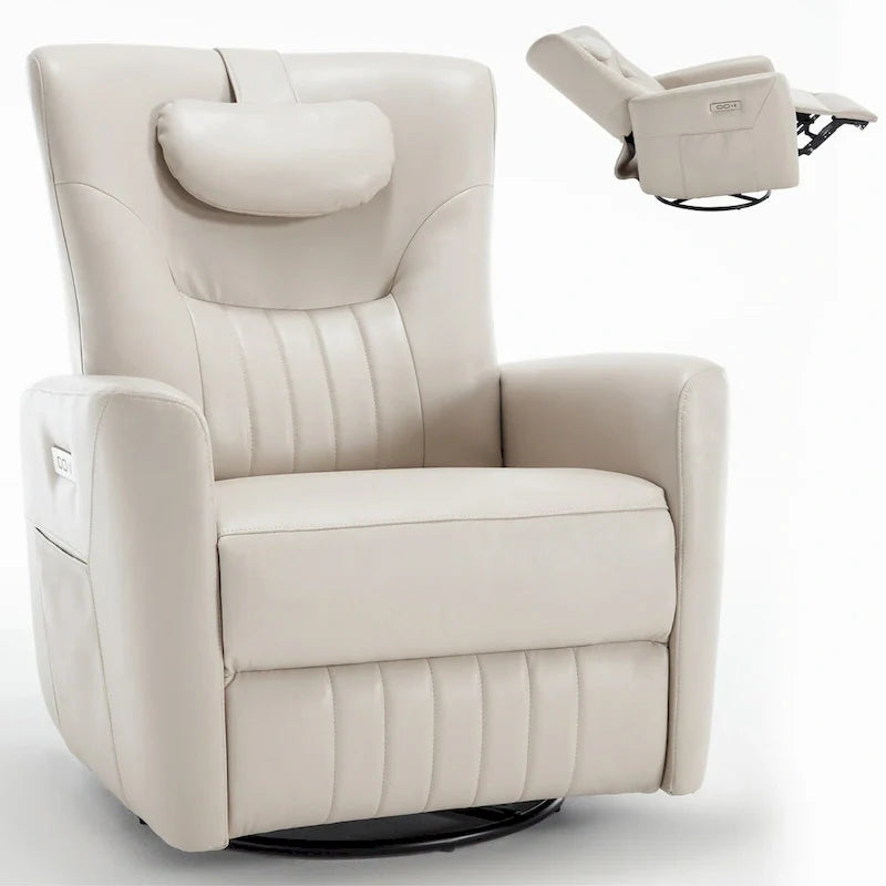 Beige Power Recliner Chair with 270° Swivel, Rocking Function, Lumbar & Neck Support Pillow, USB and Type-C Charging Ports 16
