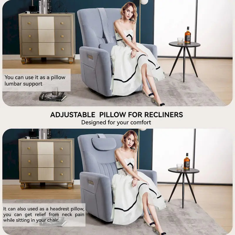Beige Power Recliner Chair with 270° Swivel, Rocking Function, Lumbar & Neck Support Pillow, USB and Type-C Charging Ports 19