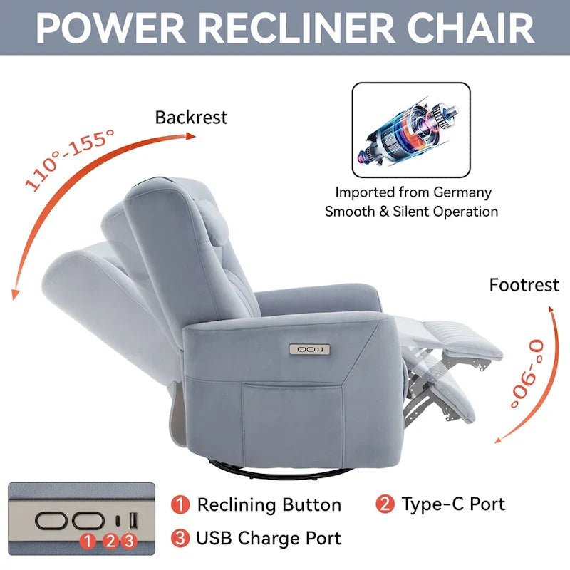 Beige Power Recliner Chair with 270° Swivel, Rocking Function, Lumbar & Neck Support Pillow, USB and Type-C Charging Ports 24