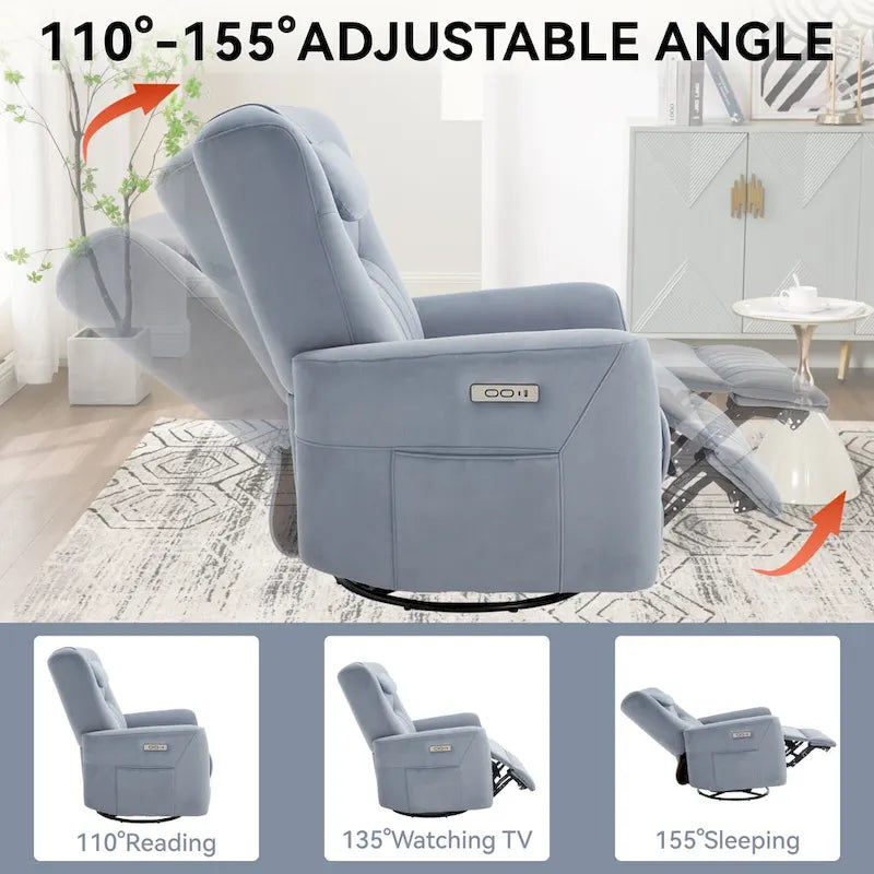 Beige Power Recliner Chair with 270° Swivel, Rocking Function, Lumbar & Neck Support Pillow, USB and Type-C Charging Ports 25