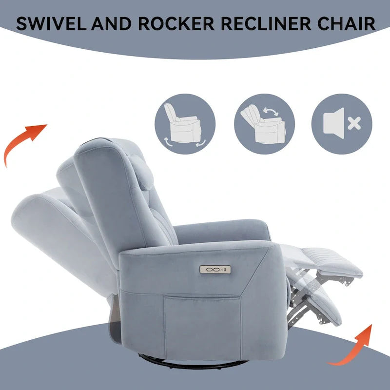 Beige Power Recliner Chair with 270° Swivel, Rocking Function, Lumbar & Neck Support Pillow, USB and Type-C Charging Ports 26