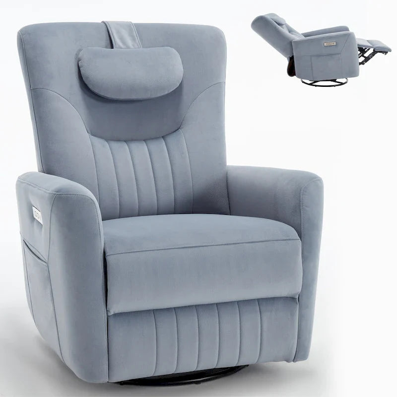 Beige Power Recliner Chair with 270° Swivel, Rocking Function, Lumbar & Neck Support Pillow, USB and Type-C Charging Ports 28