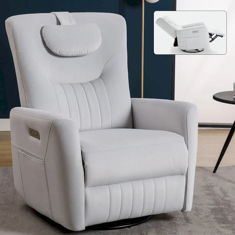 Beige Power Recliner Chair with 270° Swivel, Rocking Function, Lumbar & Neck Support Pillow, USB and Type-C Charging Ports 29