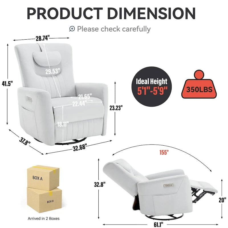 Beige Power Recliner Chair with 270° Swivel, Rocking Function, Lumbar & Neck Support Pillow, USB and Type-C Charging Ports 32