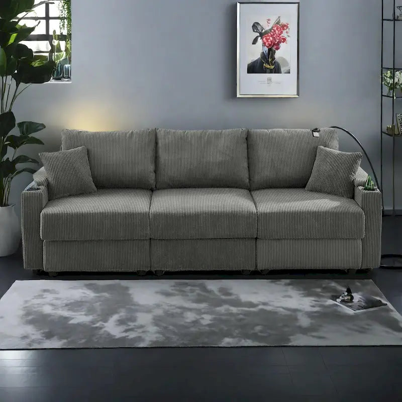 102 Corduroy Contemporary 3-Seater Sofa with Deep Seating, Cup Holders, and Phone Holder 13