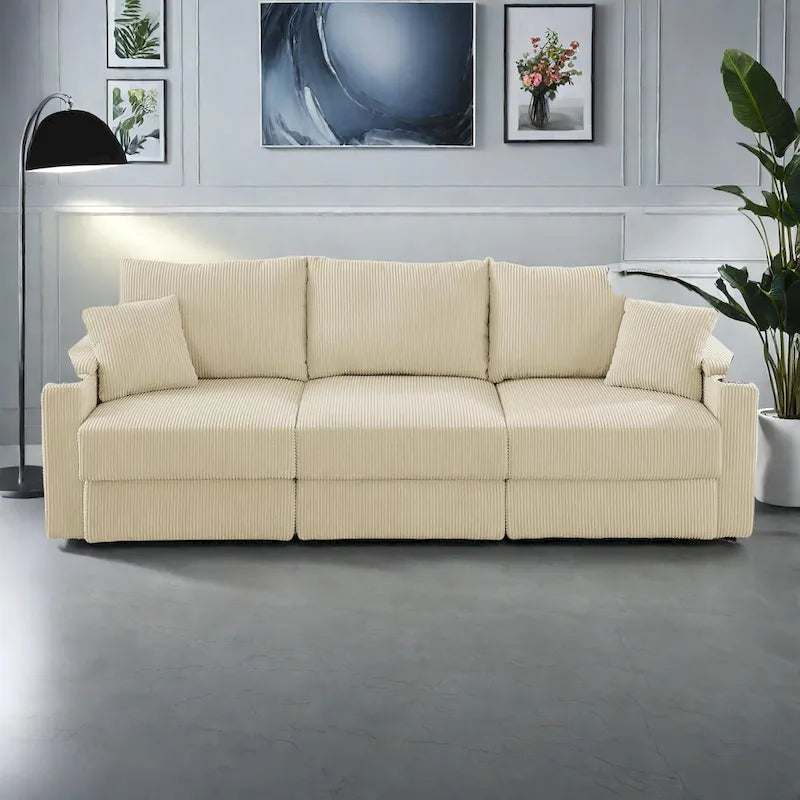102 Corduroy Contemporary 3-Seater Sofa with Deep Seating, Cup Holders, and Phone Holder 1