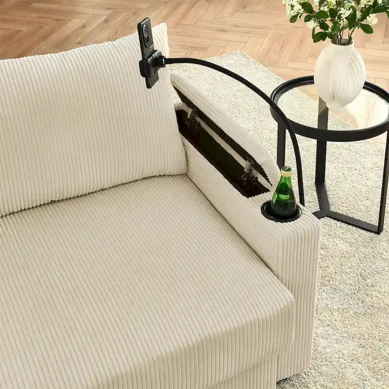 102 Corduroy Contemporary 3-Seater Sofa with Deep Seating, Cup Holders, and Phone Holder 4
