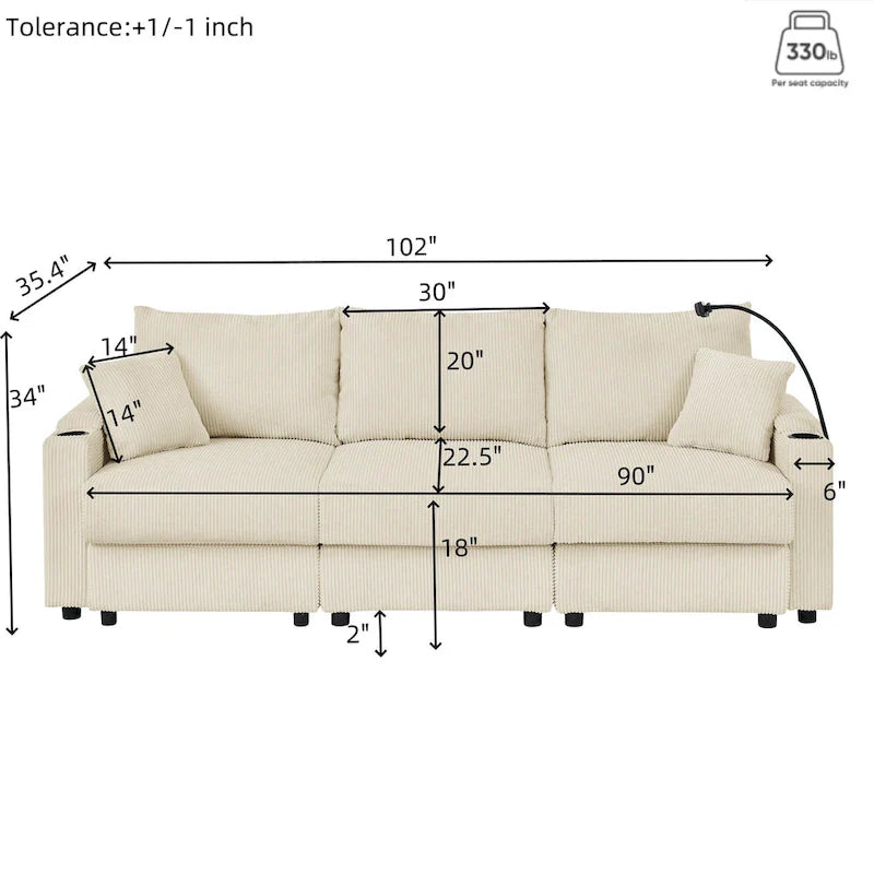 102 Corduroy Contemporary 3-Seater Sofa with Deep Seating, Cup Holders, and Phone Holder 5