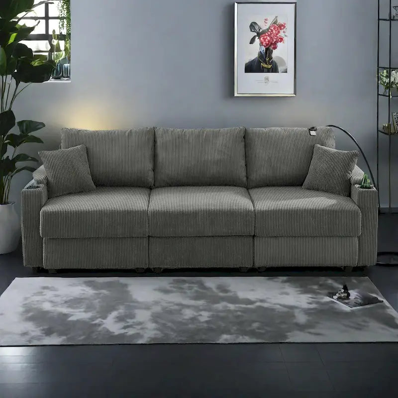 102 Corduroy Contemporary 3-Seater Sofa with Deep Seating, Cup Holders, and Phone Holder 6