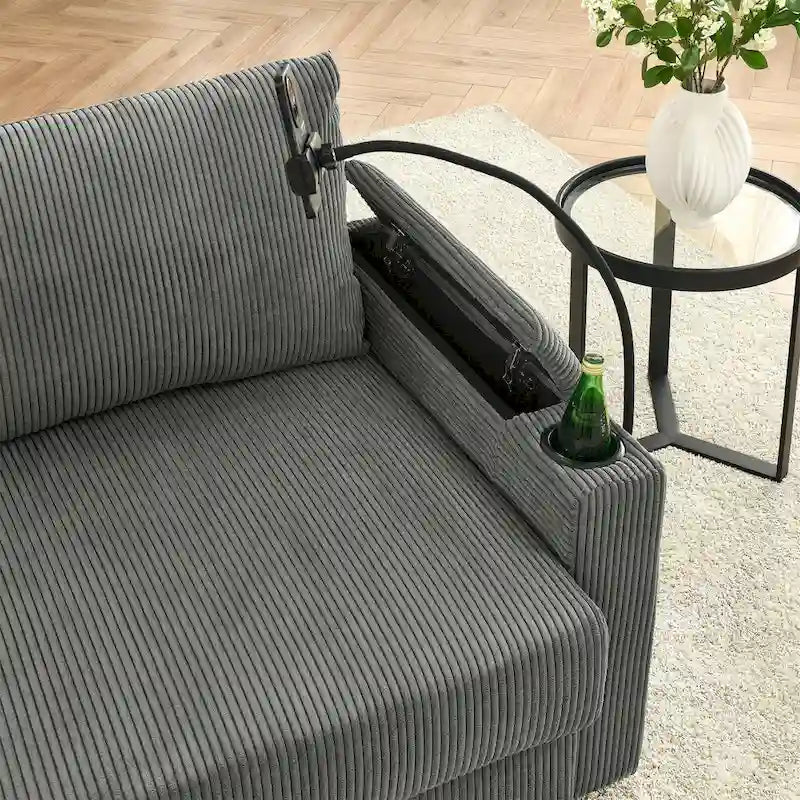 102 Corduroy Contemporary 3-Seater Sofa with Deep Seating, Cup Holders, and Phone Holder 10