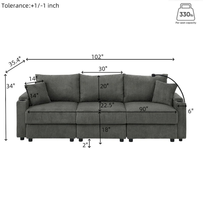 102 Corduroy Contemporary 3-Seater Sofa with Deep Seating, Cup Holders, and Phone Holder 11