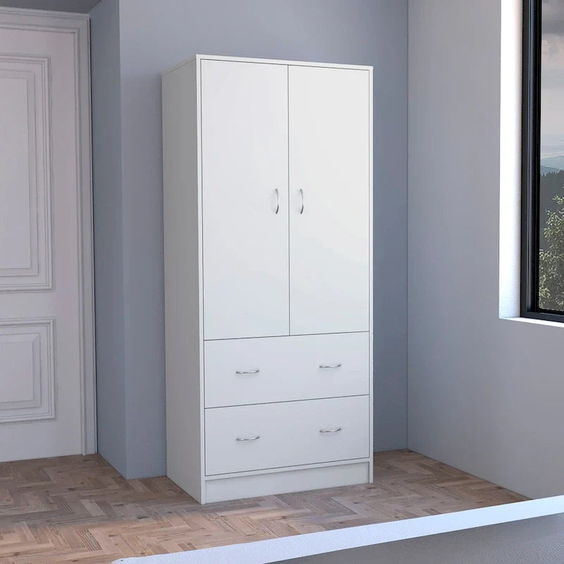 30.9-Inch Contemporary Double-Door Armoire with Two Drawers and Hanging Rod for Bedroom Storage 16